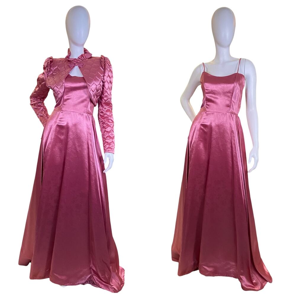 NWT 1970s Vintage Dance Allure Alfred Angelo Pink Satin Gown Bolero Set